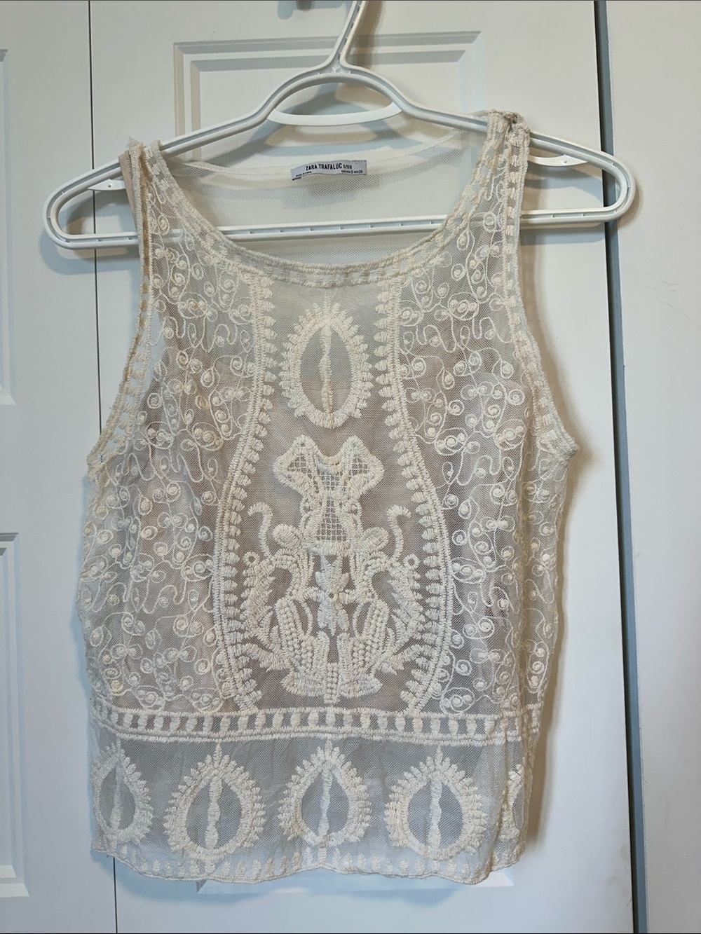 Zara Cream Sheer Embroidered Tank